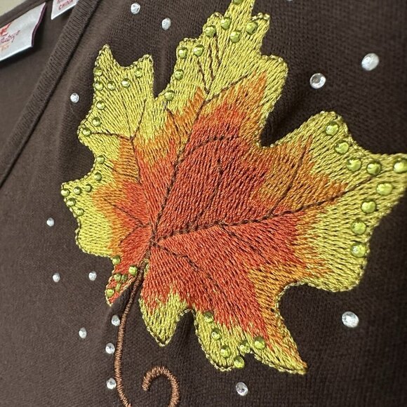Quacker Factory Embroidered Fall Top Women XL Leaf 3/4 Sleeve Vneck Brown Embell - Picture 4 of 7